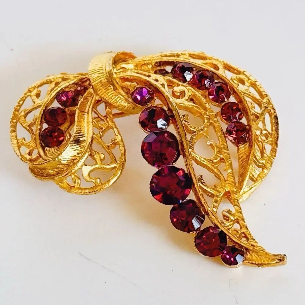 Vintage Filigree Brooch Victorian Style Cranberry Pink Glass Rhinestones Bow
